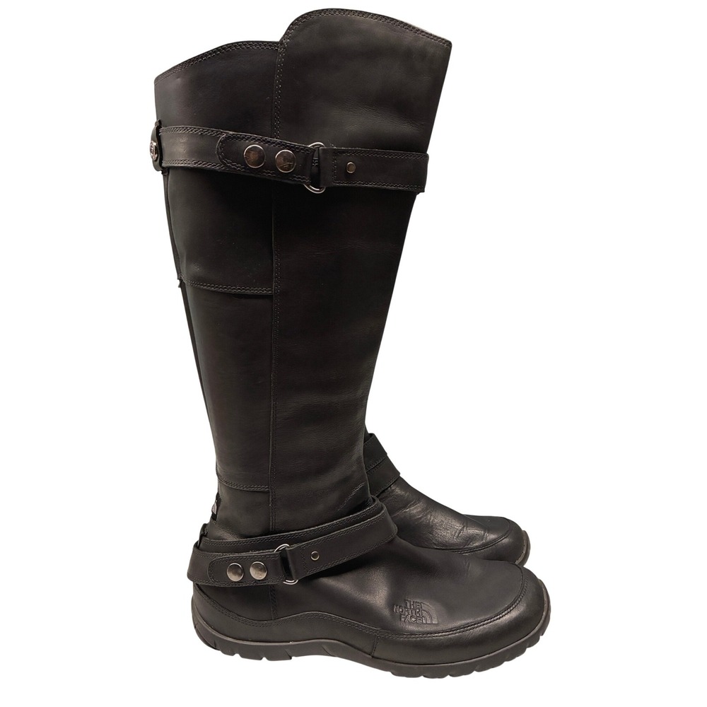 The North Face Knee High Riding Boots Womens 9 Black Leather Buckle Outdoor Warm